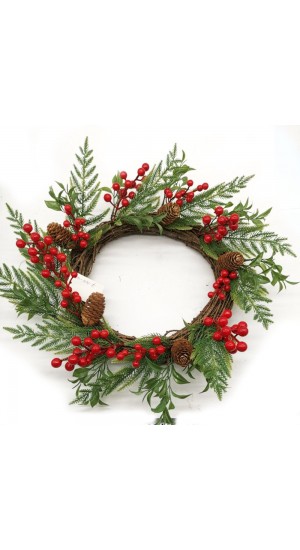 WILLOW WREATH WITH PLASTIC LEAFS AND BERRIES 42CM