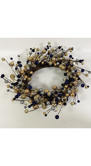  BLUE AND GOLD PEARL BERRY WREATH 40CM