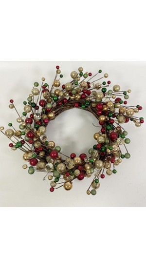  RED GREEN AND GOLD PEARL BERRY WREATH 40CM