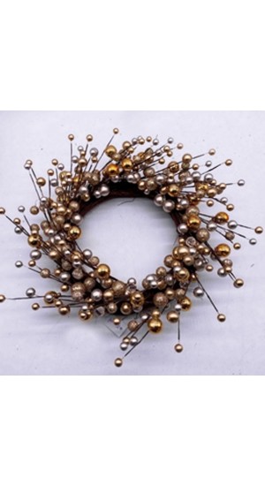  CHAMPAGNE SILVER AND GOLD PEARL BERRY WREATH 40CM