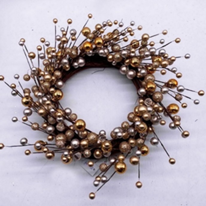  CHAMPAGNE SILVER AND GOLD PEARL BERRY WREATH 40CM 