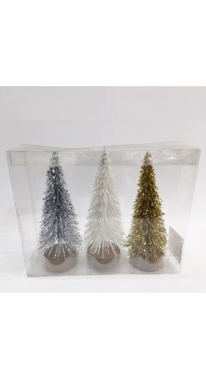  XMAS SET 3 GLITTER CHRISTMAS TREES 20CM WITH WOOD BASE SILVER WHITE GOLD IN PVC BOX