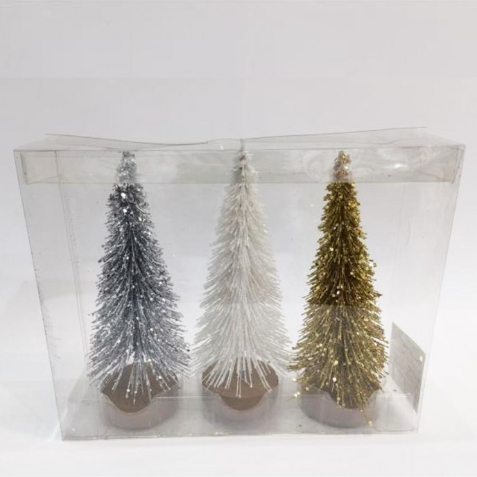  XMAS SET 3 GLITTER CHRISTMAS TREES 15CM WITH WOOD BASE SILVER WHITE GOLD IN PVC BOX 