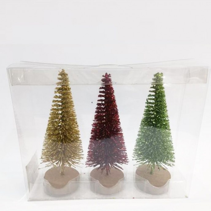  XMAS SET 3 GLITTER CHRISTMAS TREES 15CM WITH WOOD BASE GREEN RED GOLD IN PVC BOX 