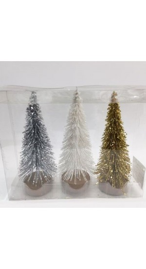  XMAS SET 3 GLITTER CHRISTMAS TREES 30CM WITH WOOD BASE SILVER WHITE GOLD IN PVC BOX