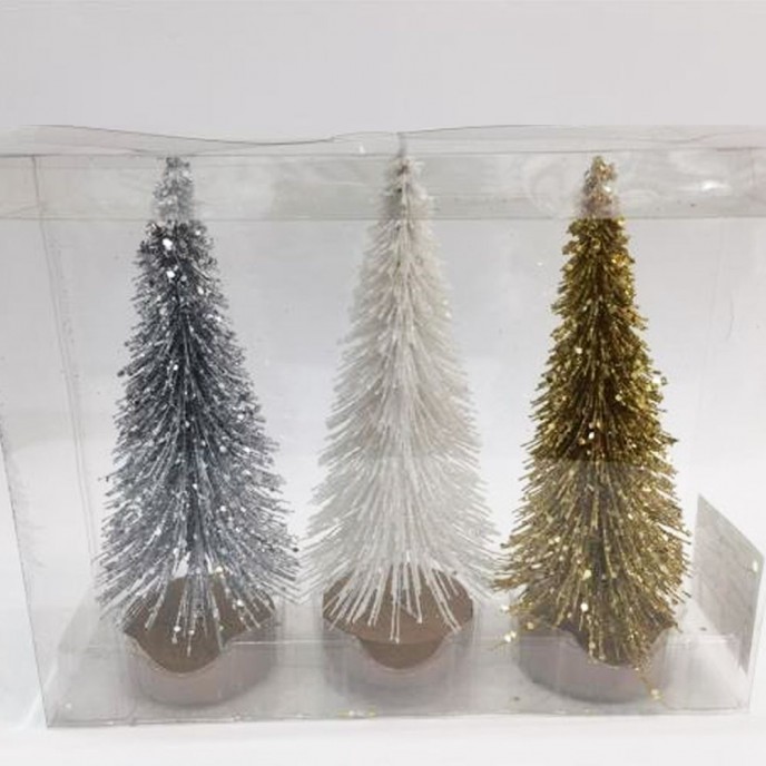  XMAS SET 3 GLITTER CHRISTMAS TREES 24CM WITH WOOD BASE SILVER WHITE GOLD IN PVC BOX 