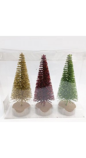  XMAS SET 3 GLITTER CHRISTMAS TREES 30CM WITH WOOD BASE GREEN RED GOLD IN PVC BOX