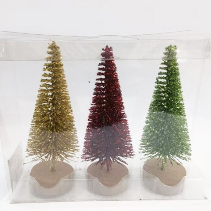  XMAS SET 3 GLITTER CHRISTMAS TREES 24CM WITH WOOD BASE GREEN RED GOLD IN PVC BOX 