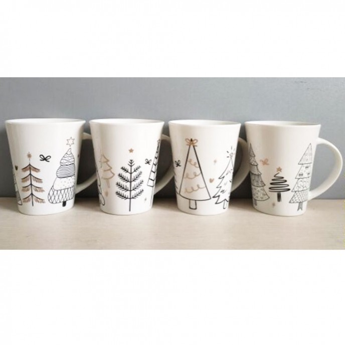  WHITE CERAMIC CUP WHITE WITH CHRISTMAS TREES 4 DESIGNS 4 DESIGNS 
