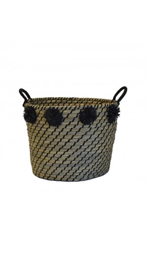 Wicker basket natural black with pon pon Φ40Χ32