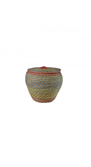 Wicker basket with pastel orange lid. Striped Φ32Χ30