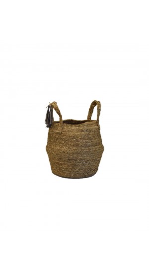 Natural wicker basket bag with gray tassels Φ22Χ18