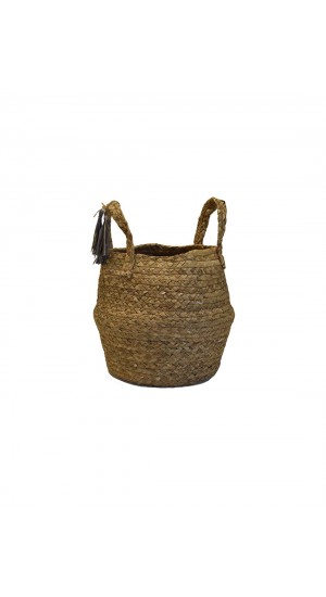 Wicker basket bag natural color with gray tassels Φ30Χ24