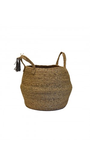 Natural wicker basket bag with gray tassels Φ38Χ30