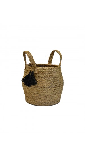 Natural wicker basket bag with black tassels Φ27Χ22