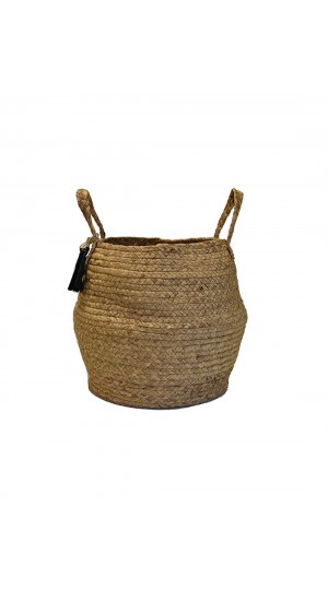 Natural wicker basket bag with black tassels Φ38Χ30